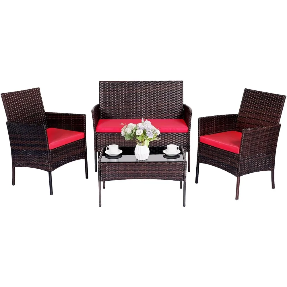 Sets Outdoor Wicker Rattan Chairs Garden Backyard Balcony Porch Poolside Loveseat with Soft Cushion and