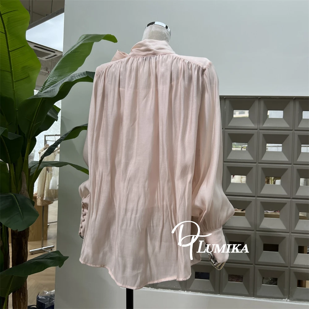 DTLumika - 秋の新作ピンク花柄シャツ＆スカート、シフォン長袖Tシャツとジッパー付きギャザースカート レディースファッションコーデ