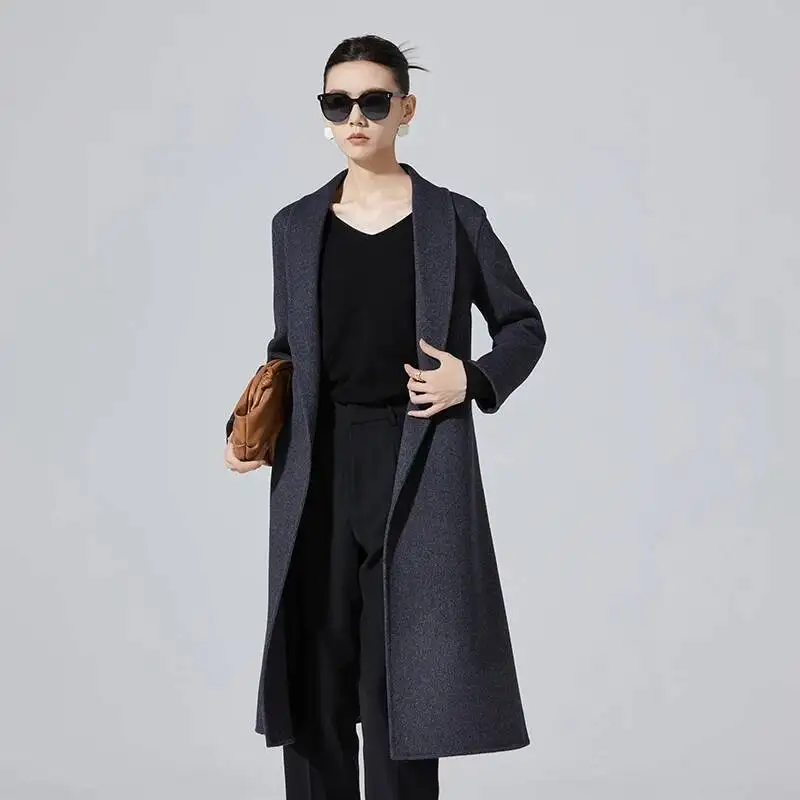 معاطف نسائية شتوية طويلة جديدة لعام 2025 مع حزام معاطف صوف رمادية ملابس خارجية معطف فضفاض للنساء H1643010 #3