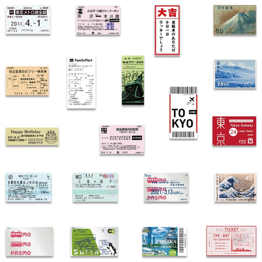 60PCS Japanese Postcard Ticket INS Style Stamp Sticker Stationery Travel Diary Luggage Waterproof Helmet Wholesale Stickers