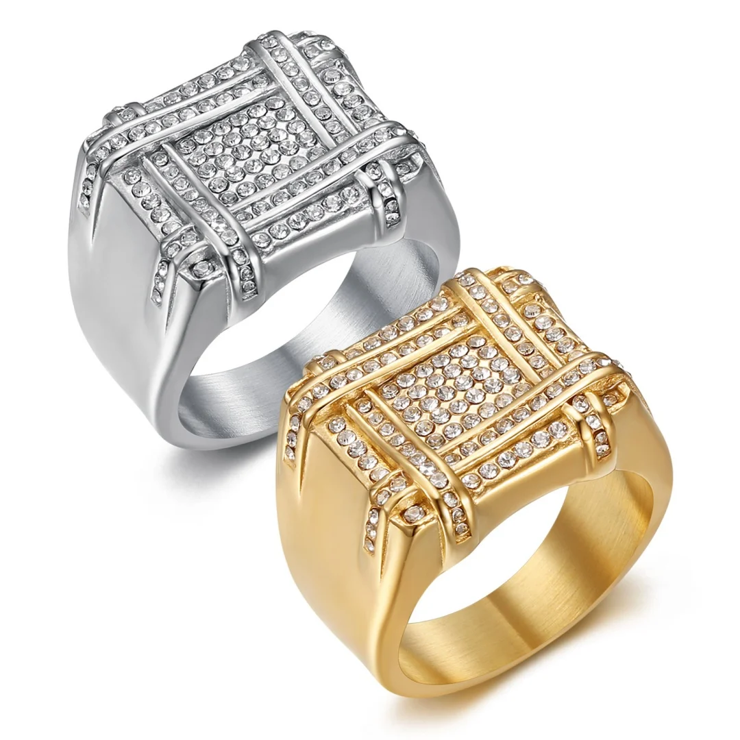 

Men's Ring Chunky Gold Silver Color Stainless Steel Rhinestone Large Geometry Rapper Ring for Man Hip Hop Jewelry High Quality