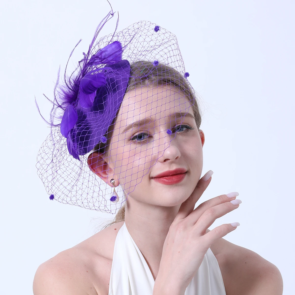 Women Flower Mesh Ribbons Feathers Fascinator Brides Hair Accessories Headband or a Clip Cocktail Tea Party Headwewar for Girls