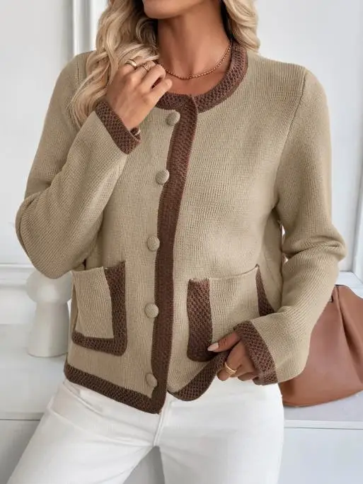 

Korean Lazy Women's Knitted Cardigan Jacket Retro Contrasting Color Small Fragrant Style Knitted Cardigan Women's Sweater Jacket