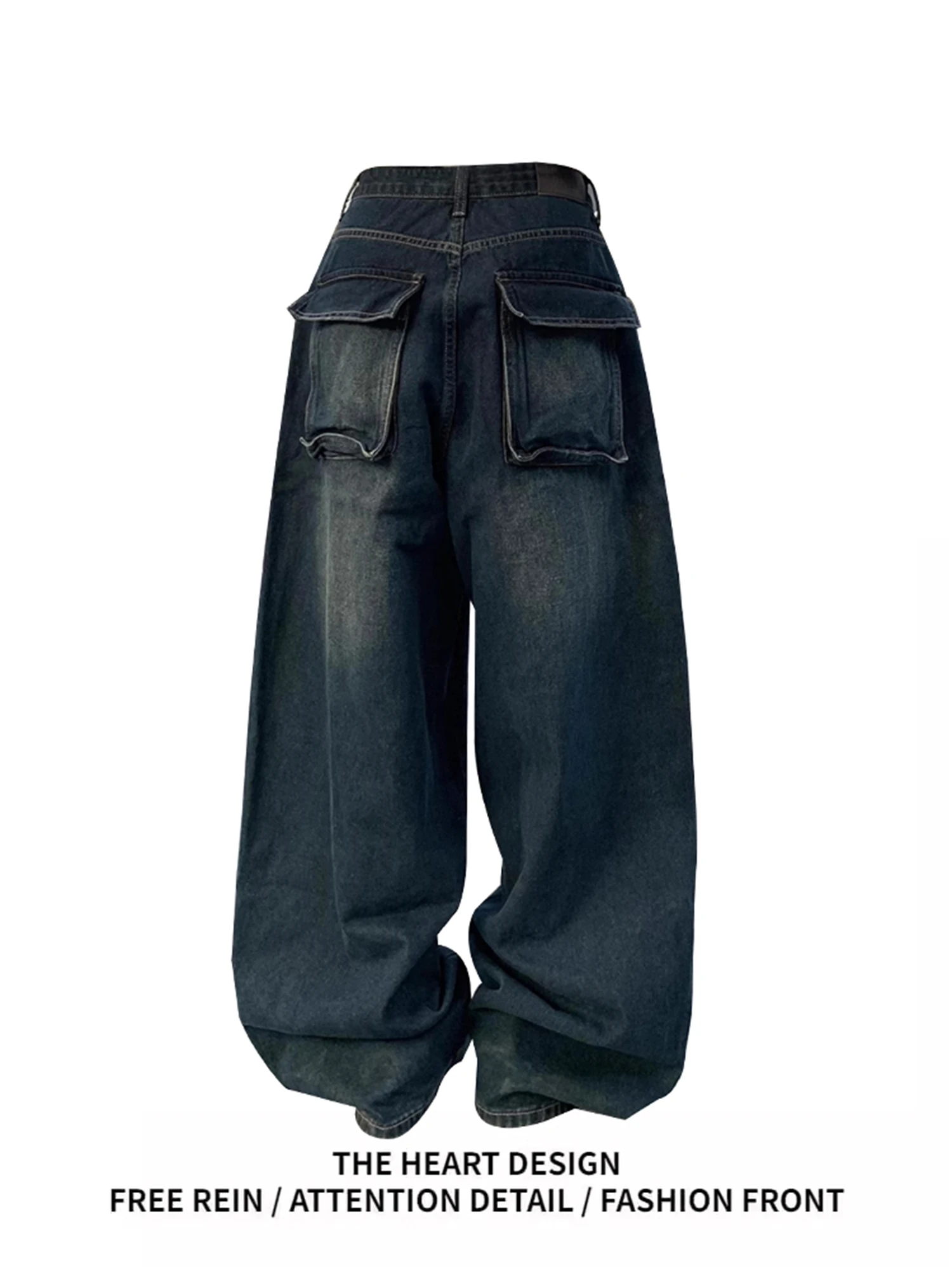 

Women's Y2K High Waist Baggy Wide Leg Jeans Vintage Washed Dark Denim Cargo Pants With Flap Pockets Streetwear Casual Trousers