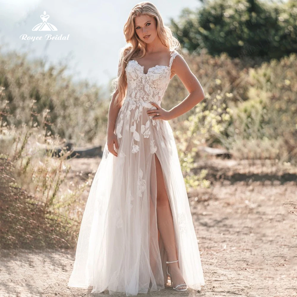 

Roycebridal Beach Side Split Lace Applique Tulle Wedding Dress A Line Sweetheart Neck Floor Length vestido de noiva Customized