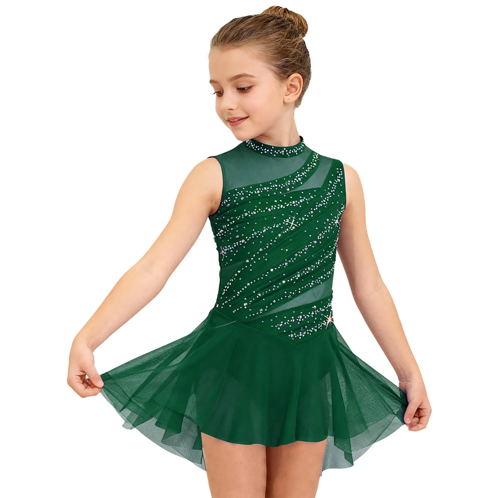 

Kids Girls Lyrical Ballet Ballroom Dance Performance Costume Sleeveless Cutout Back Sheer Mesh Modern Stage Dance Leotards Dress