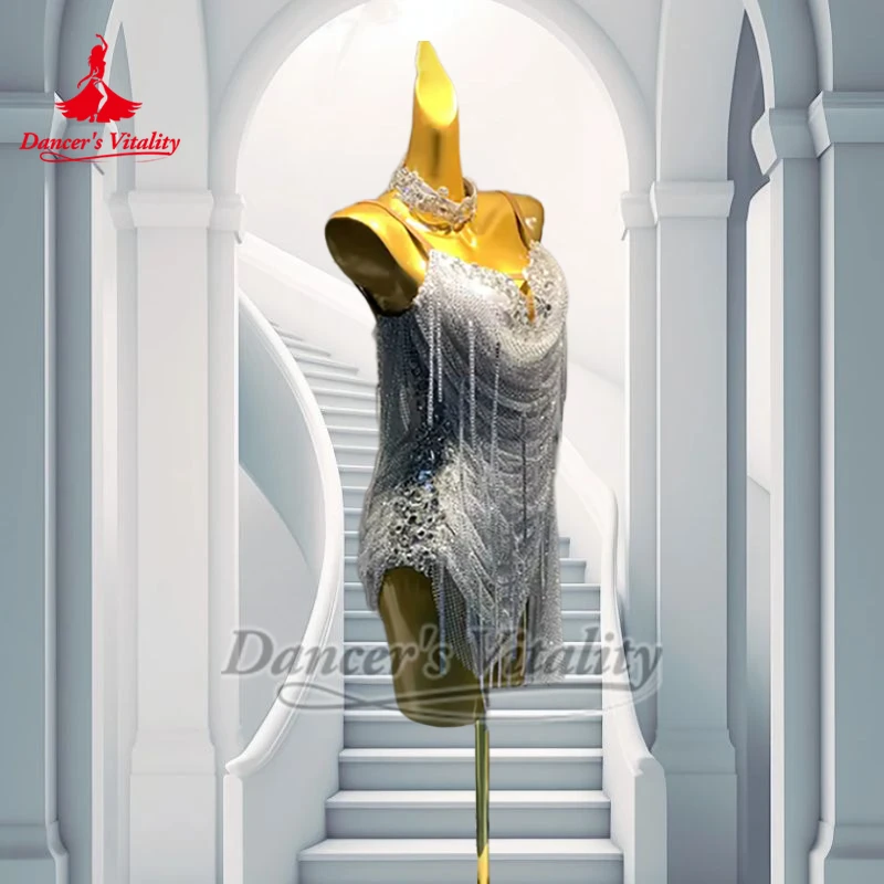 ชุดเดรสตาข่ายประดับพู่ห้อยสไตล์ลาตินเซ็กซี่ พร้อมสร้อยคอ สำหรับนักเต้น ชุดแสดงเต้นชาช่า แซมบ้า ซัลซ่า สำหรับผู้ใหญ่ แบบสลิง รับสั่งตัด