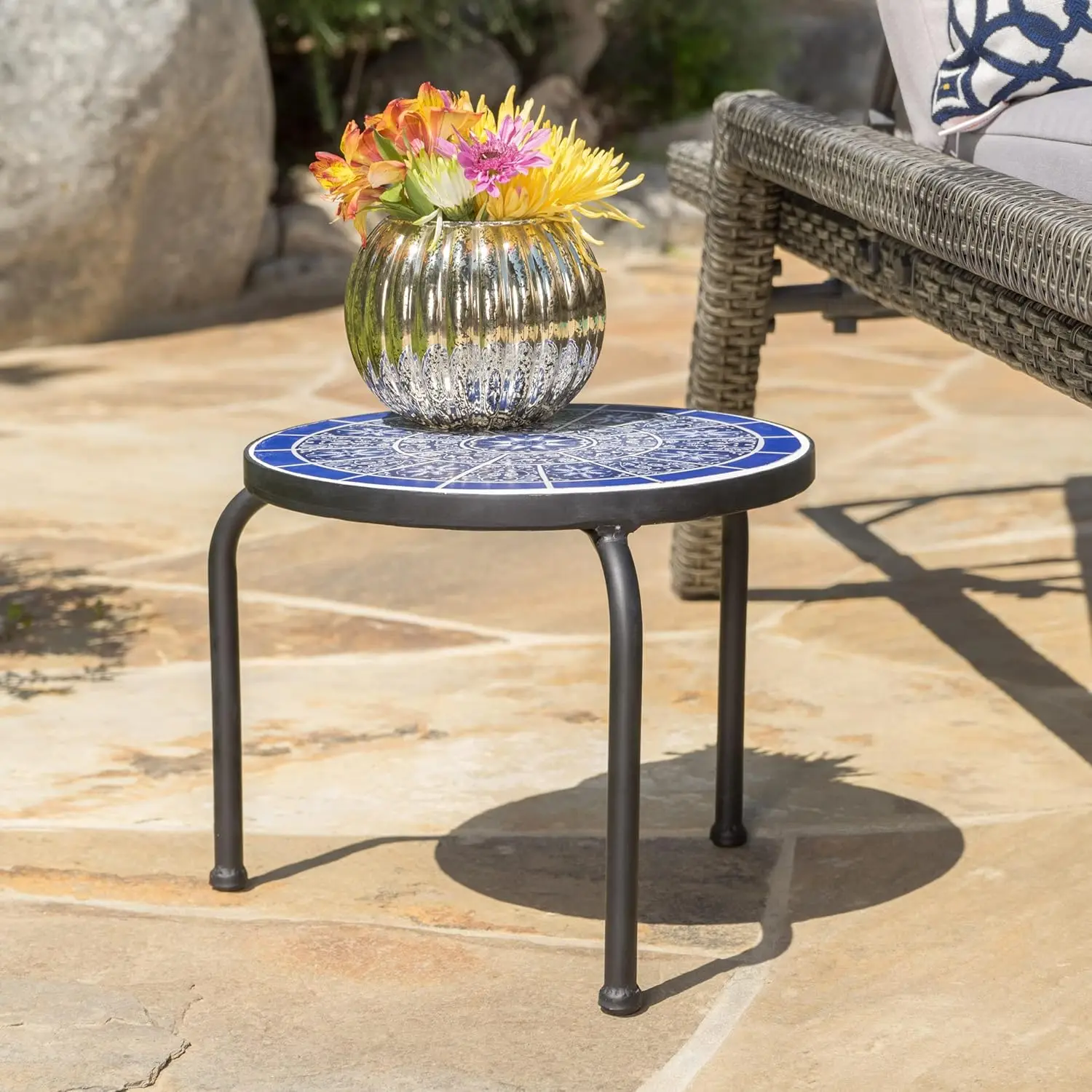 Comfort corner Slate Outdoor Ceramic Tile Side Table with Iron Frame, Blue / White