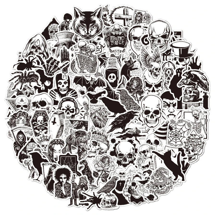 

50/100Pcs Cool Gothic Stickers for Teens Black White Vinyl Punk Gothic Stickers for Guitar Computer Skateboard Tablet Luggage