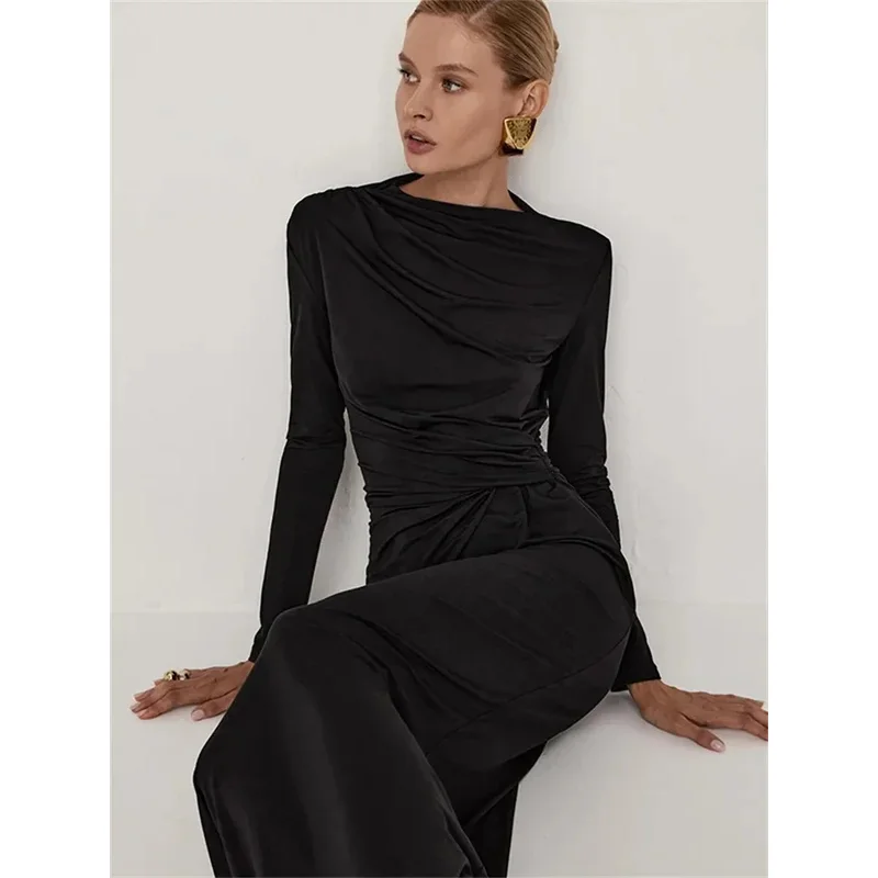 Bonny Plisowana Sukienka Maxi Dla Kobiet Elegancka Sukienka z Długim Rękawem z Wysoką Talią Jesienna Sukienka Damska Patchwork Długa Sukienka