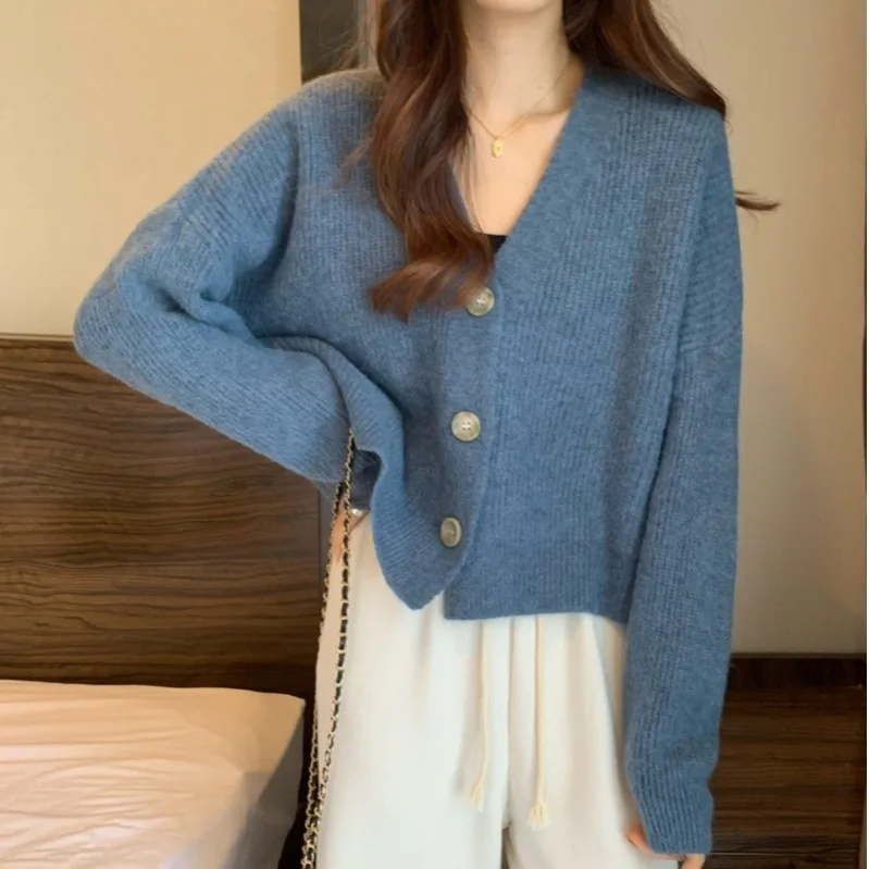 Cárdigan abierto de punto Beige claro para mujer, Top holgado con escote en V, Top dulce Sle largo hasta Sve ort, un solo botón