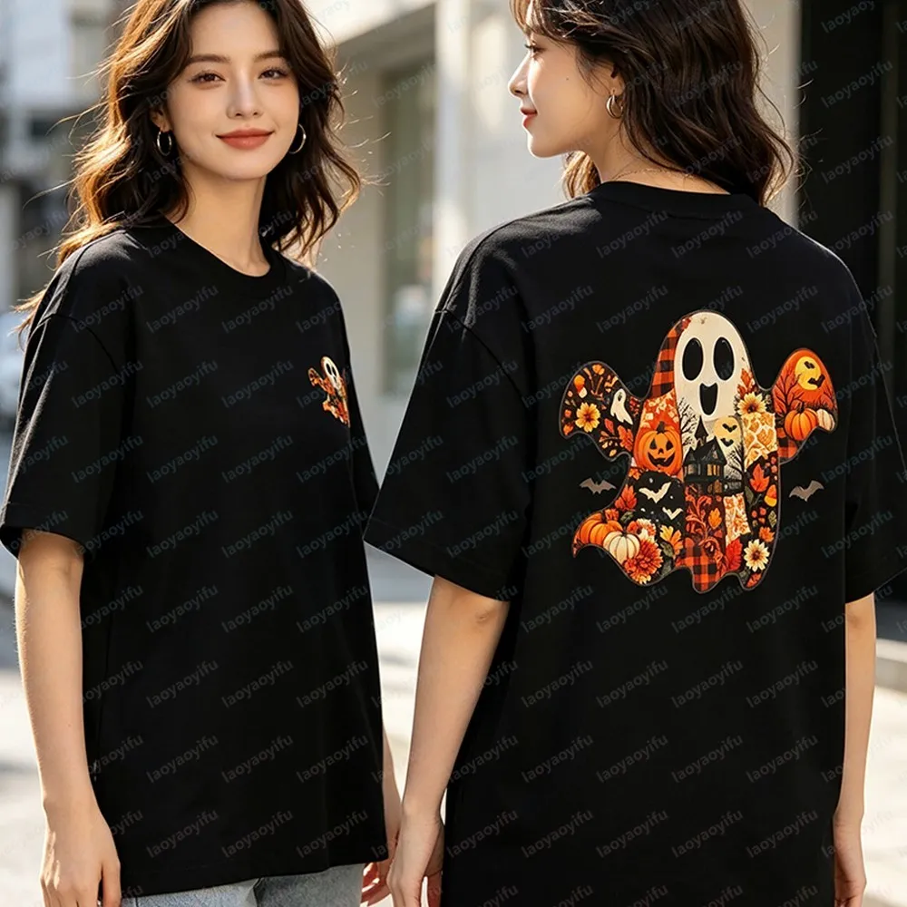 Vintage Patterned Ghost Fall Shirt Halloween Tee Patchwork Pumpkin Bat Haunted House Retro Spooky Unisex Tshirt Cotton Tops