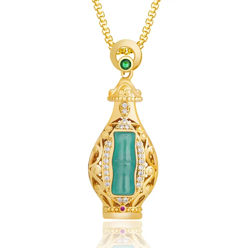 

Blue Jadeite Vase Pendant 18K Gold Plated Accessories Carved Choker Stone Jewelry Real Burmese Jade Vintage Natural Necklace