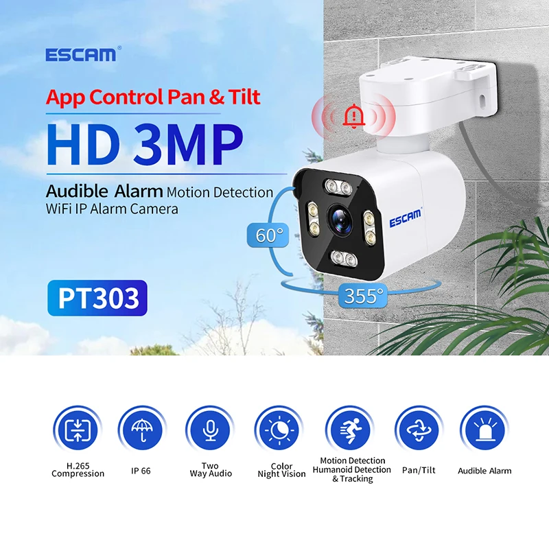 

ESCAM PT303 HD 3MP Wifi IP Camera Humanoid Detection Tracking Sound Alarm Smart Dual Light Source Night Vision Network Camera