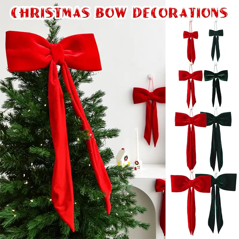 

40cm Christmas Velvet Bow Tree Hanging Ornament Long Ribbon Window Display Pendant New Year Christmas Tree Fireplace Doors Decor