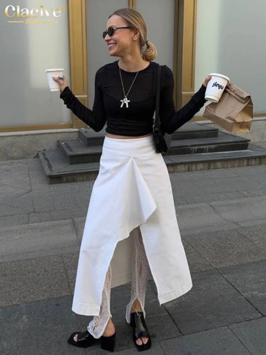 Clacive Fashion Loose White Cotton Women's Skirt Casual High Waist Ankle Length Skirt Elegant Classic Slit Skirt Female Clothing