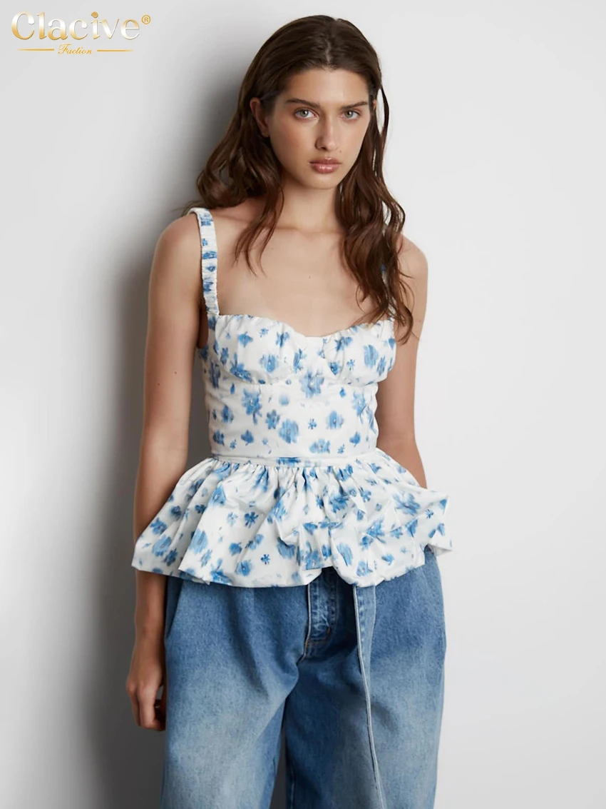 

Clacive Sexy Slim Print Women's Tank Top Summer Square Collar Sleeveless Crop Top Elegant Classic Pleated Tops Female Clothing
