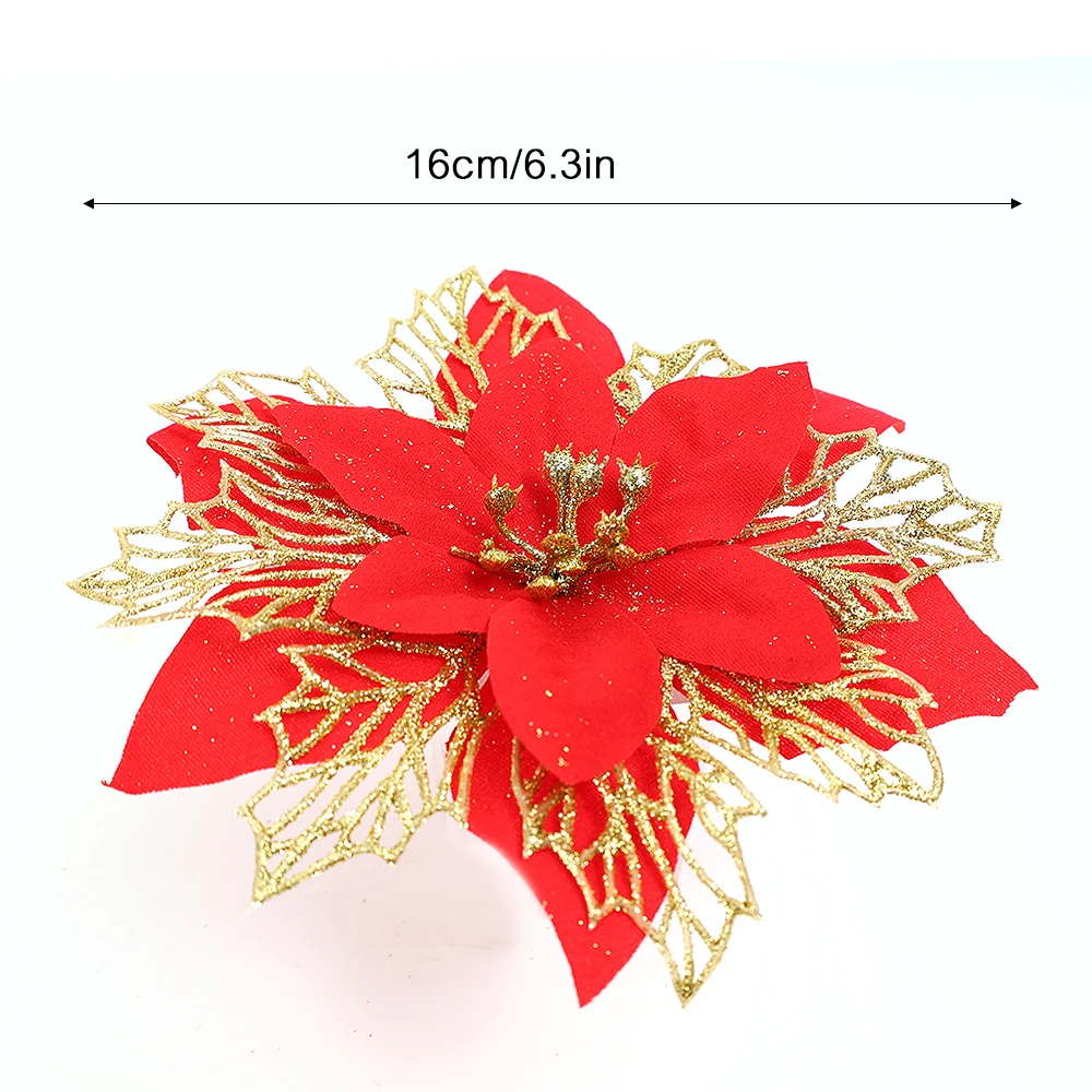 5-20 قطعة عيد الميلاد الزهور الاصطناعية بريق شجرة عيد الميلاد زخرفة الذهب الأحمر البونسيتة زهرة رئيس المنزل السنة الجديدة الطرف الديكور #4