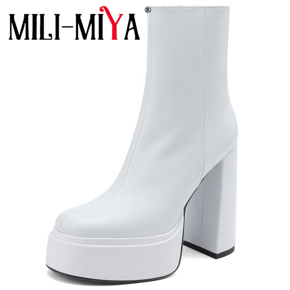 

MILI-MIYA Square Toe Women Cow Leather Ankle Boots Super High Thick Heels Platform Solid Color Big Size 34-40 Handmade For Lady