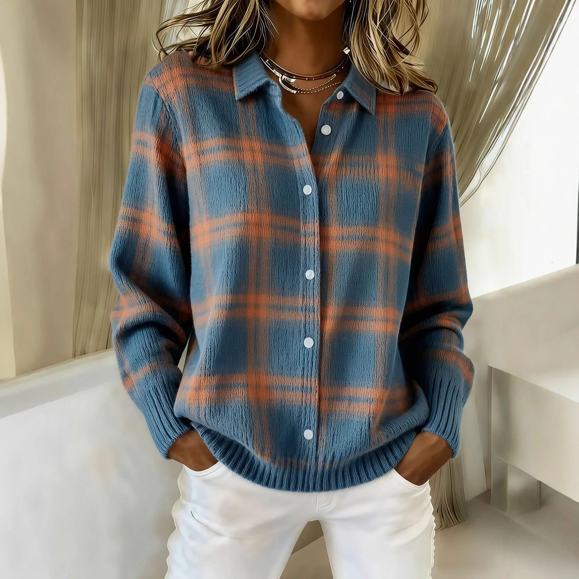 Women's Plaid Button Down Shirt Long Sleeve Collared Relaxed Fit Ribbed Cuffs Casual Autumn Top
