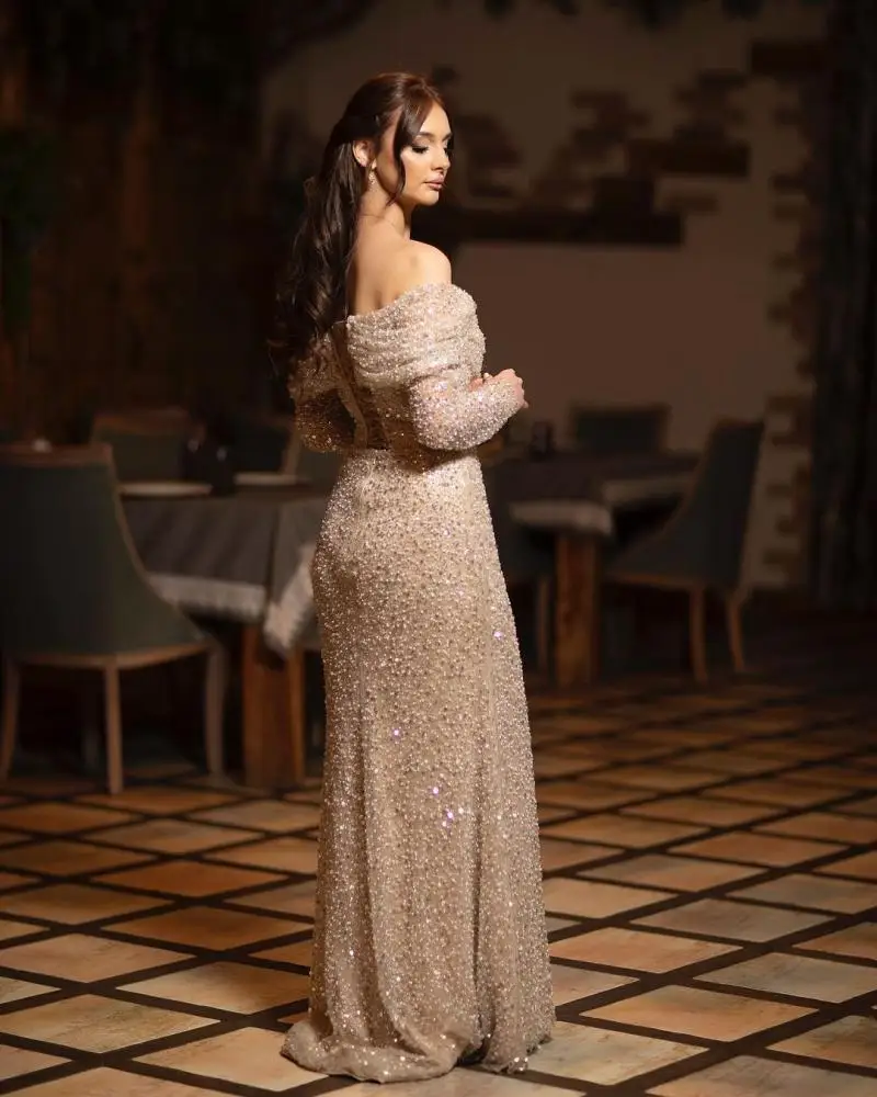 高級ビーズ長袖ウェディングドレスボートネックオフショルダーパールスパンコールマーメイドウエディングドレスブライダルドレスカスタマイズ