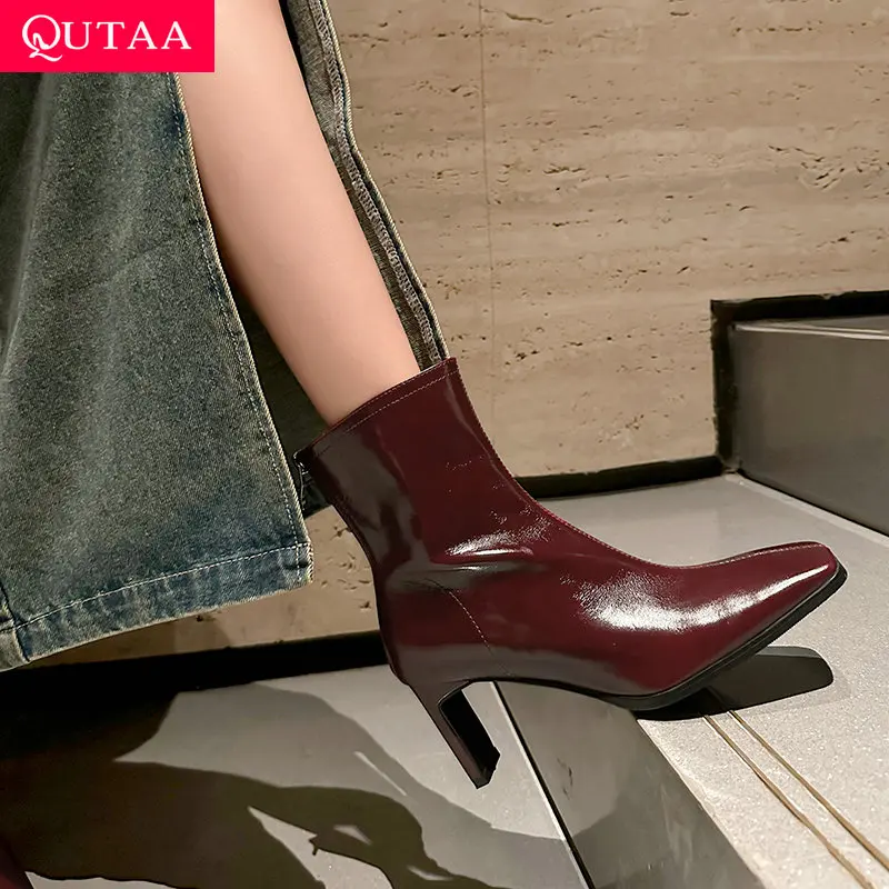 Qutaa Nachrichten Frauen Stiefeletten sexy klobige Ferse quadratische Zehen Herbst Winters tiefel Low Heels Echt leder Schuhe Größe 34-39