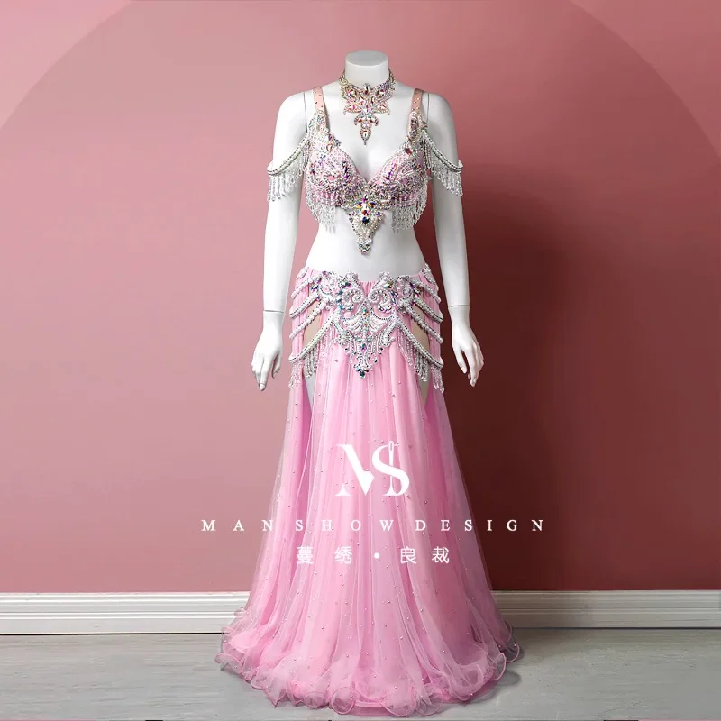 

customized belly dance costumes performance costume new pink pearl mesh crystal tassel fairy dress set bra long skirt