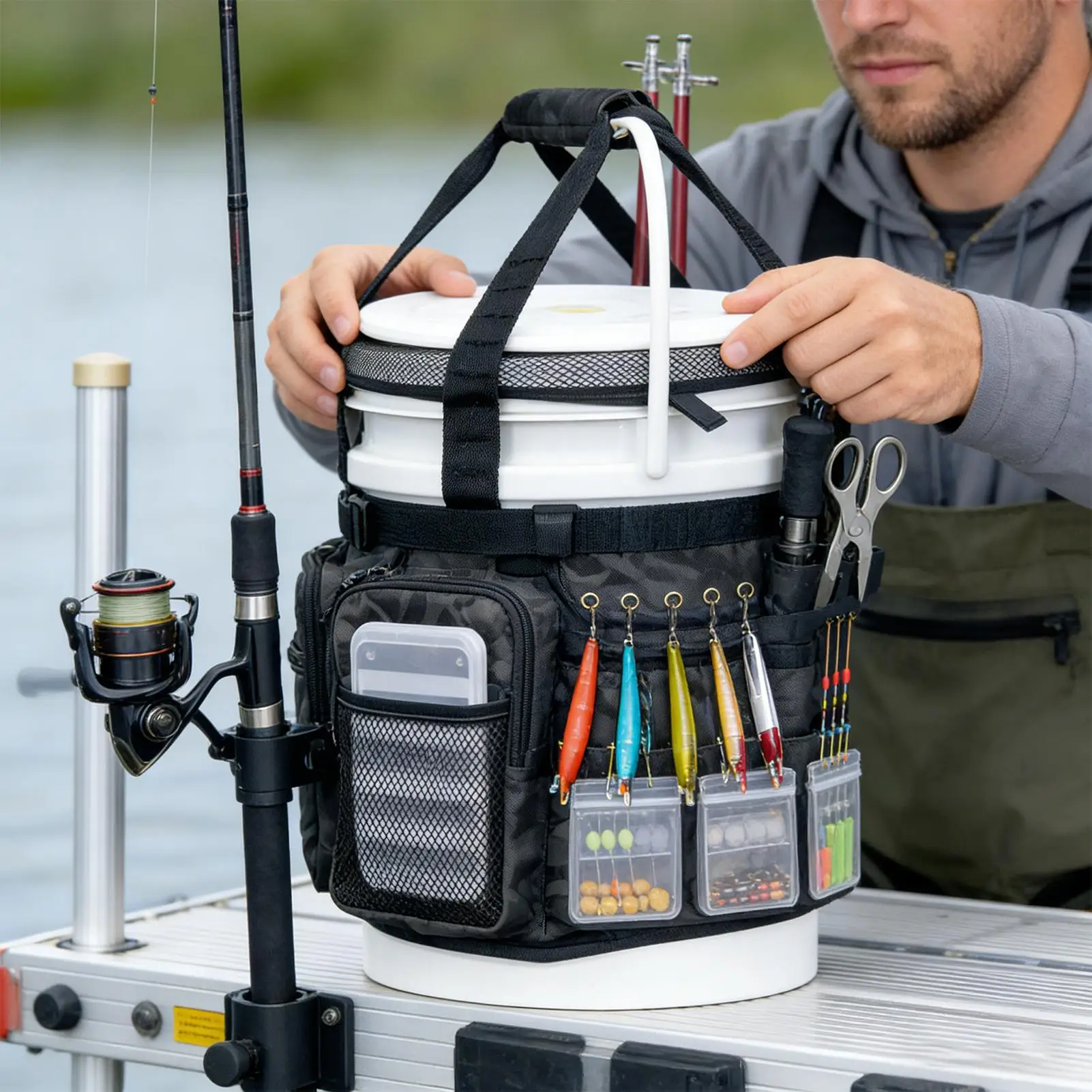 

Рыболовное ведро, сумка-оксфорд с несколькими карманами, сумка для зимних рыболовных снастей для пеших прогулок, кемпинга, путешествий, катания на лодках, уличное снаряжение
