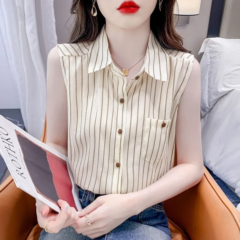 Summer Casual Women\'s Chiffon Sleeveless Striped Shirt Sweet Slim Top Office Lady All-Match Elegant Blouses With Pocket New Chic