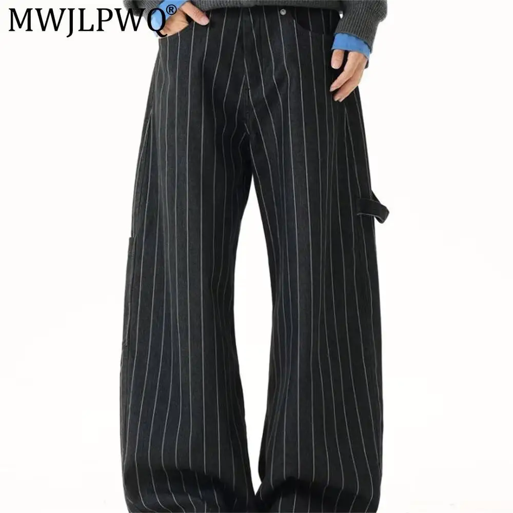 MWJLPWQ American-Style Vertical Striped Wide-Leg Curved Men Irregular Pockets Unique Workwear Silhouette Loose-Fit Pants 20208
