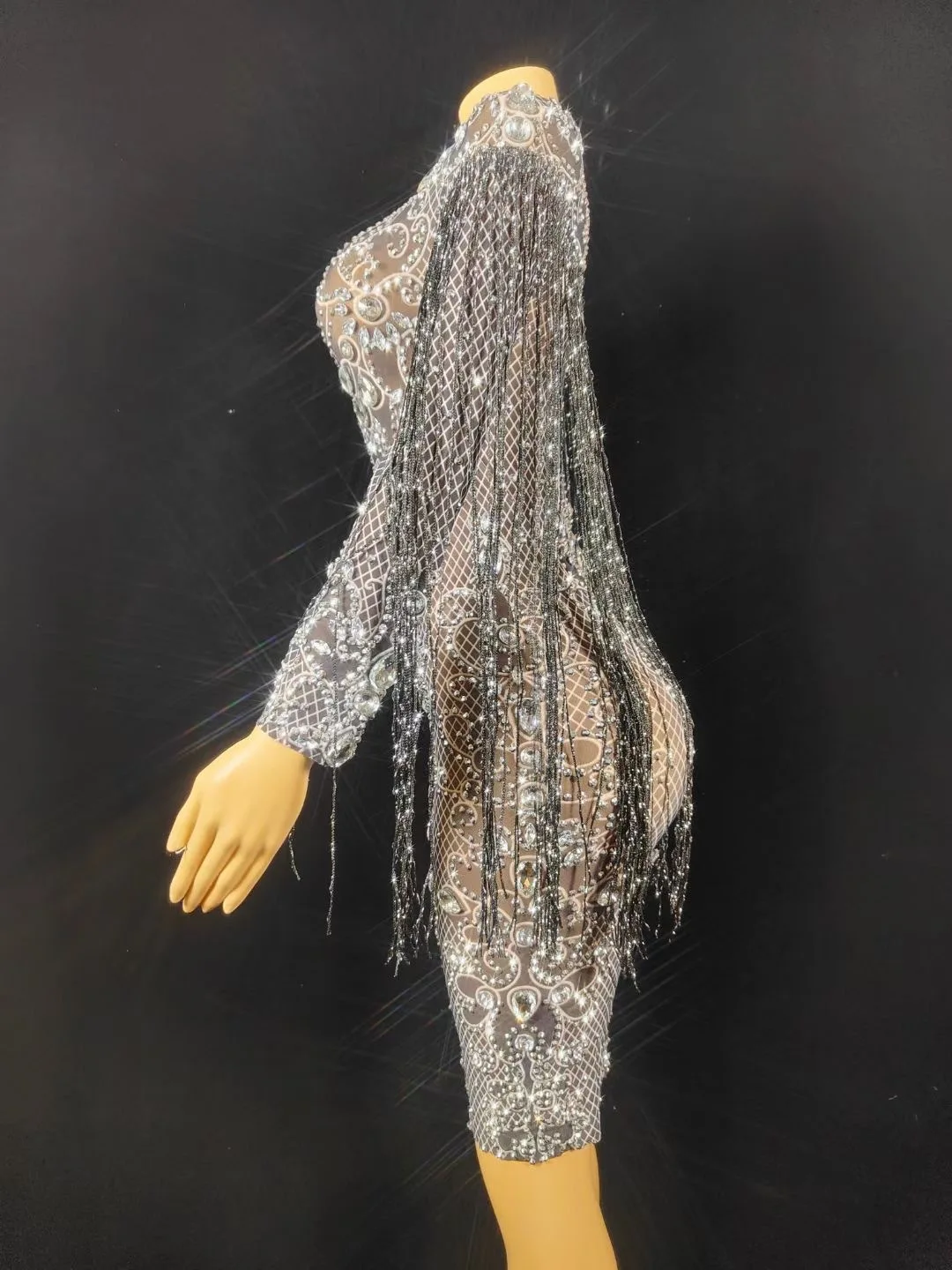 Luxury Rhinestone Fringed Stretch Dress Sexy Bar Stage Performance Costume Vestidos De Mujer Elegantes Para Fiesta Sheer Dresses