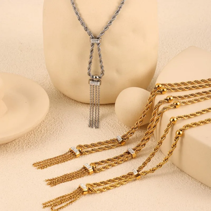 Tassel Pendant Fried Dough Twist Chain Necklace Bracelet For Women Stainless Steel Gold Plated Women\'s Bracelets Necklaces Set
