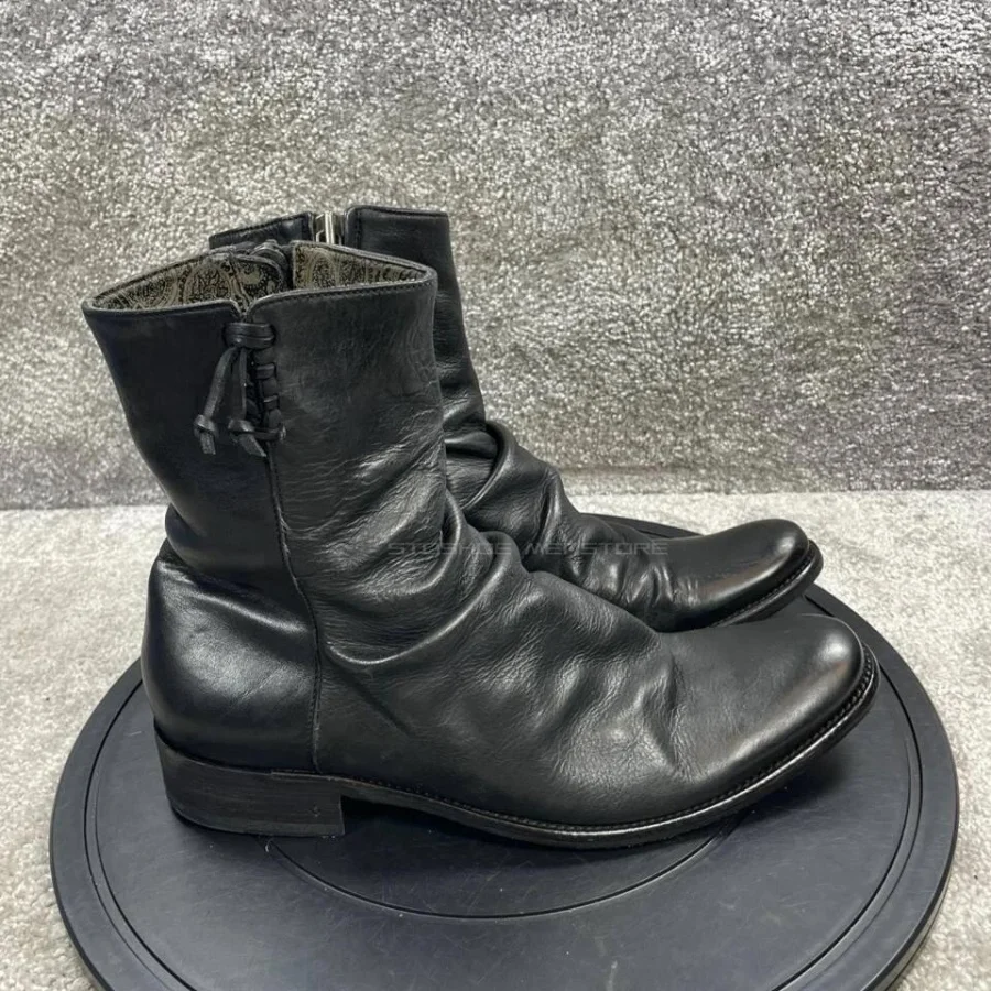 Black Vintage Leather Wrinkled Short Knight Boots Side Zipper Braided Curved Toe Ankle Chelsea Casual Boots Plus Size 36-46