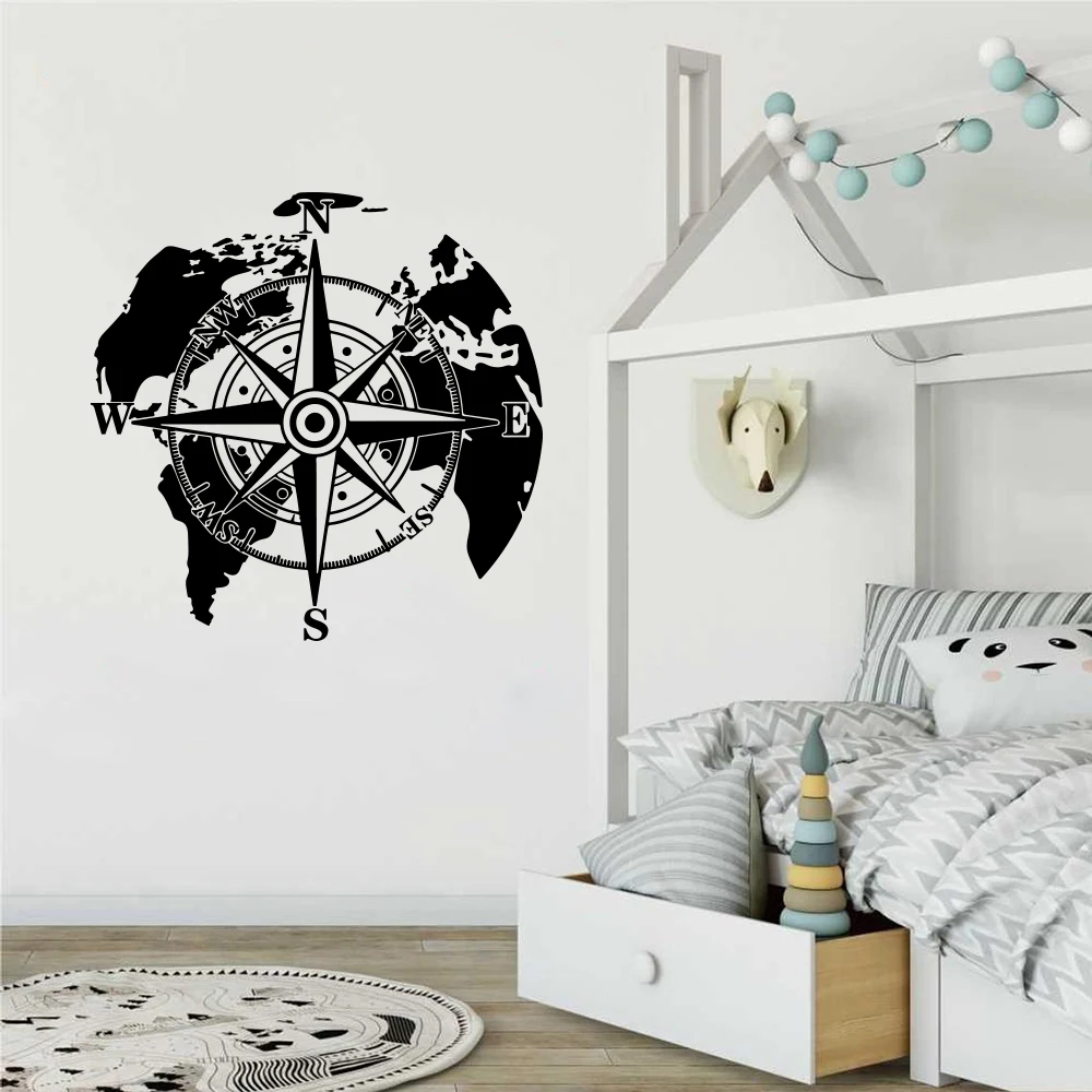 Modern World Map Compass Camper Wall Sticker Office Living Room Global Earth Travel Adventure Wall Decal Bedroom Nursery Vinyl