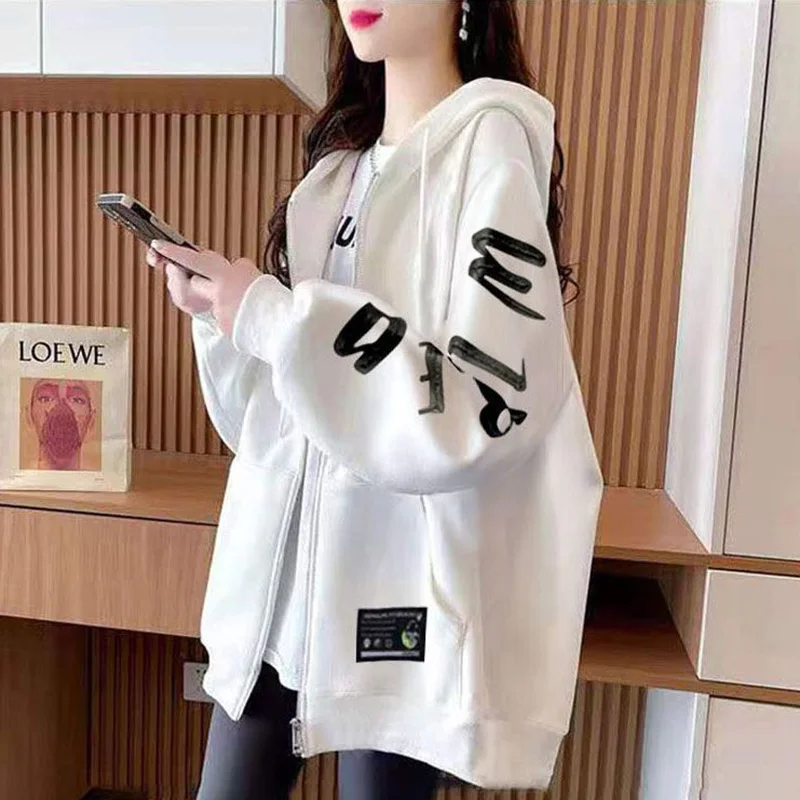 Imagem -04 - Hoodies de Mulheres com Zíper Emendado Tops Casuais Moletons Soltos Que Combinam com Tudo Roupas Femininas Moda Novo Inverno 2023