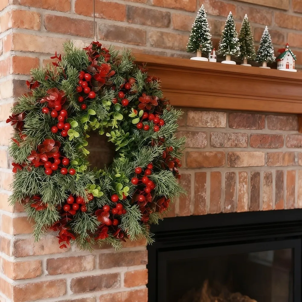 Plastic Artificial Christmas Wreath with Eucalyptus Leaves,Red Berry 35cm Christmas Door Decoration Round Garden Decor