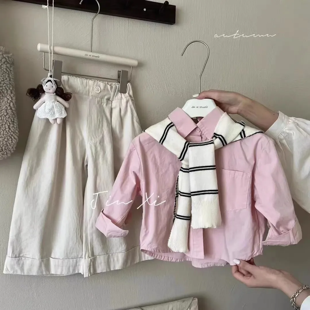 

2 4 6 7Y Girls' Spring and Autumn Set New Korean Children's Long Sleeve Shirt+Wide Leg Pants 2-piece Set