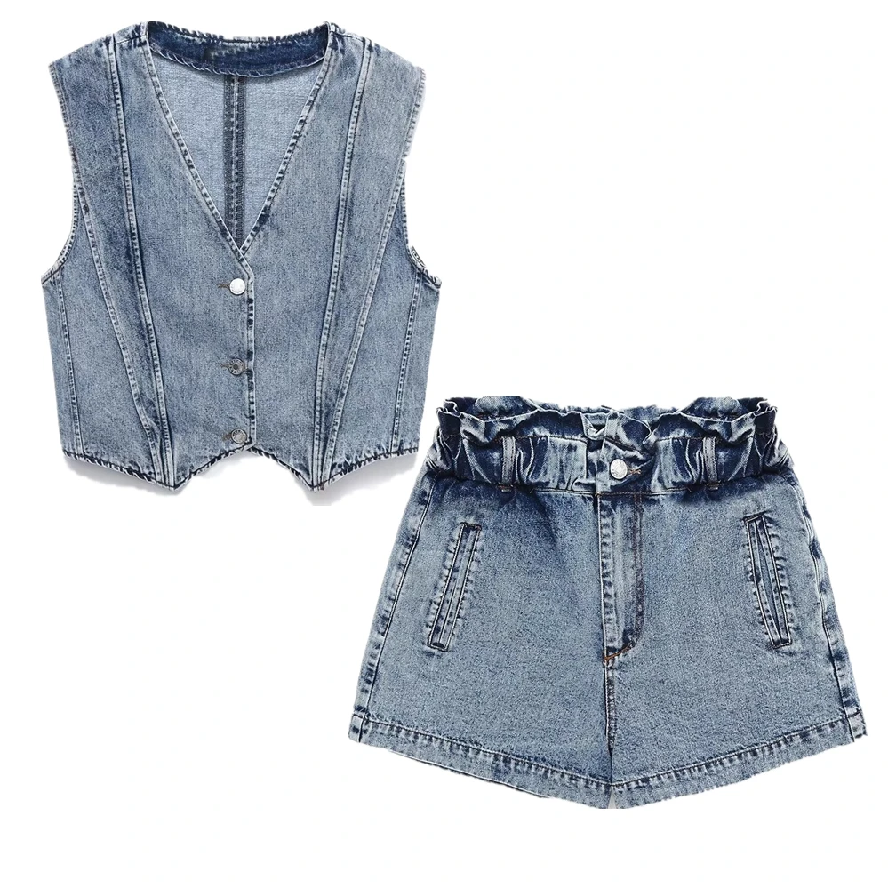 Dave&Di Ins Fashion Blogger Retro Washed Vest High Waist Denim Shorts Casual Sets Denim Suit Ladies