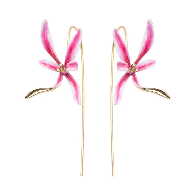 Boho Style French Sweet Design Enamel Hand-painted Long Hook Earrings Pink Lily New Style for Girlfriend Atmospheric Exquisite