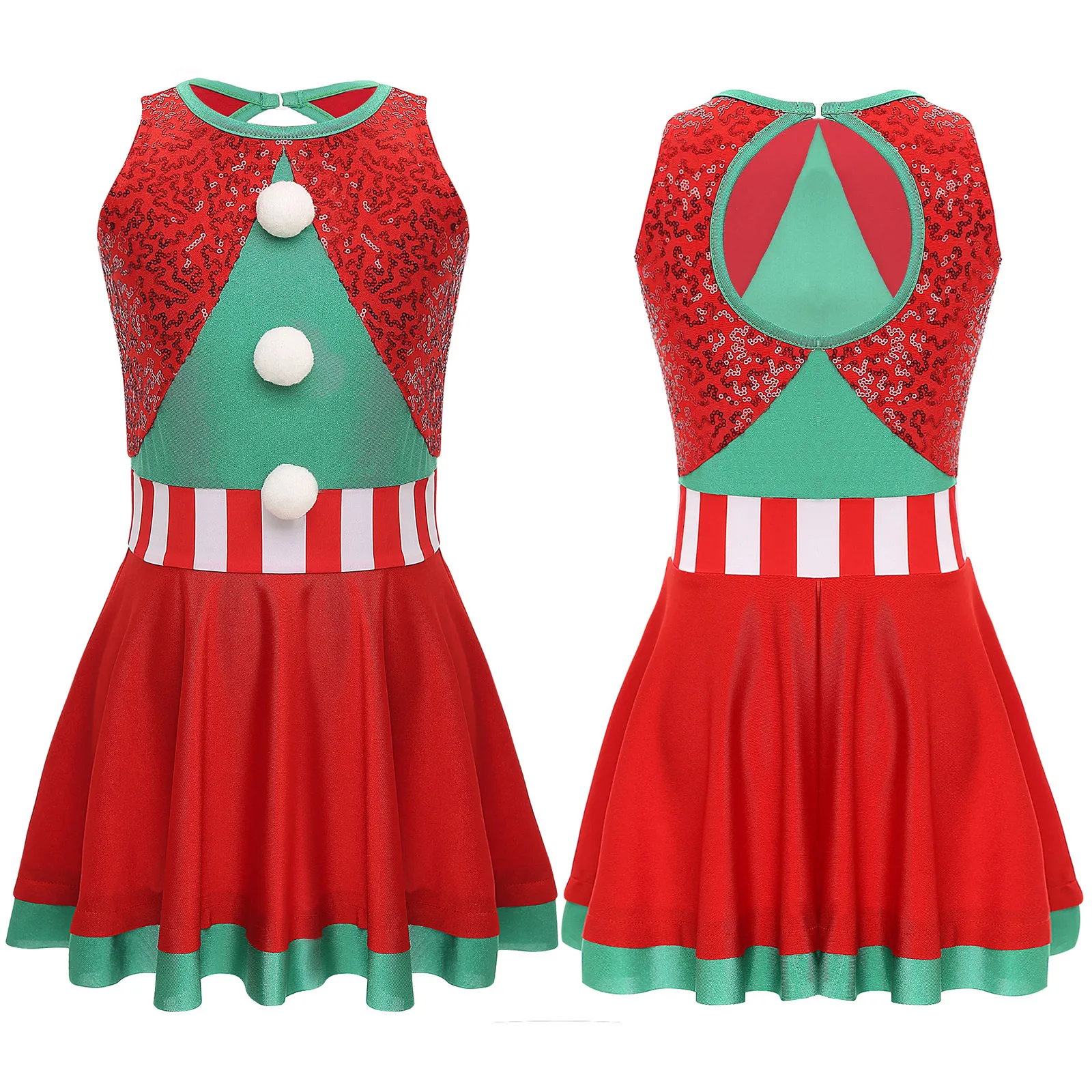 

Kids Girls Christmas Dress Santa Claus Cosplay Costumes Sequin Velvet Sleeveless A-Line Pompom Dress Xmas Carnival Party Dress