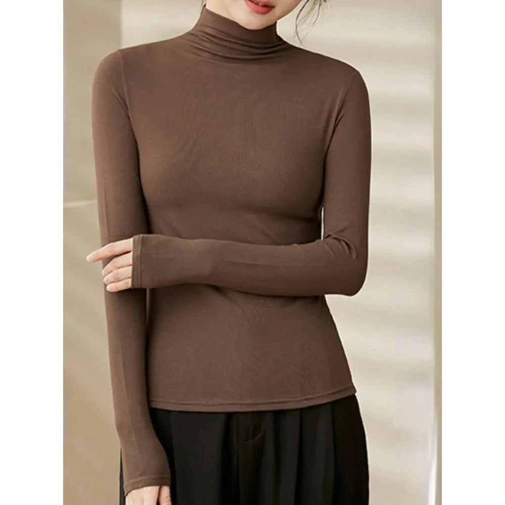 Csa de Manga Larga con Cuello Alto para Mujer, Modal, Otoño Invierno, Moda Casual, Ajuste Cómodo, Estilo E