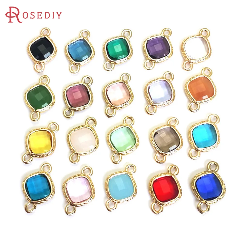 10PCS 16x10MM High Quality Champagne Gold Color Brass and Glass 2 Holes Square Connect Charms Pendants Diy Jewelry Accessories