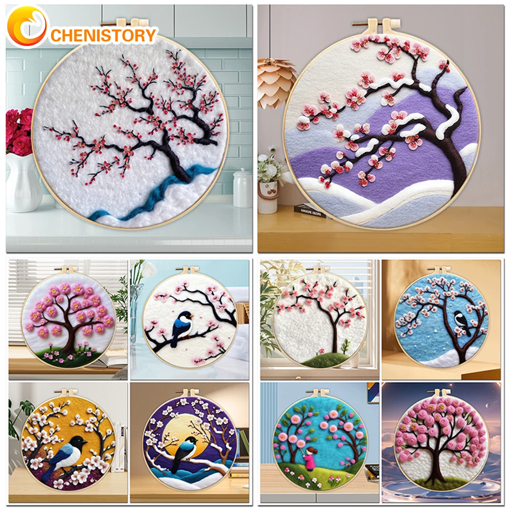 

CHENISTORY 20x20cm Frame With DIY Wool Felting Painting Kit Plum Blossom Handmade Needle Wool Paintings For Home Decors Gift