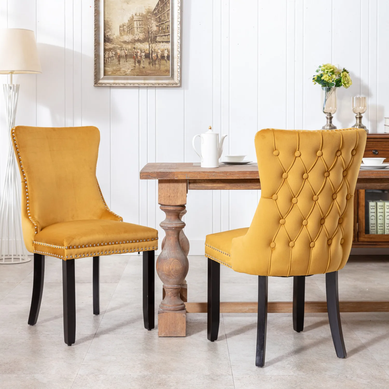 

A&A Furniture Wing-Back Dining Chairs, Set of 2, Golden, Nailhead Trim, Solid Wood Legs