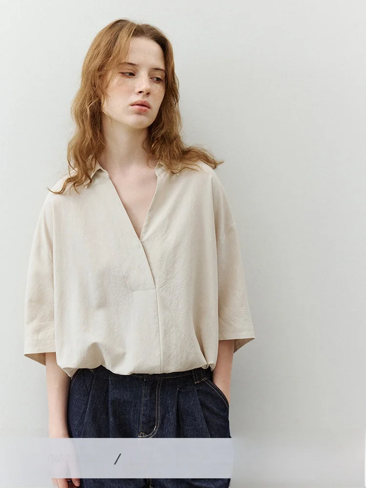 

Pure Color V-Neck Shirt Lound 100% Lyocell Women's Summer New Five-Sleeve Loose Fit Breathable Casual Shirt Commute Style