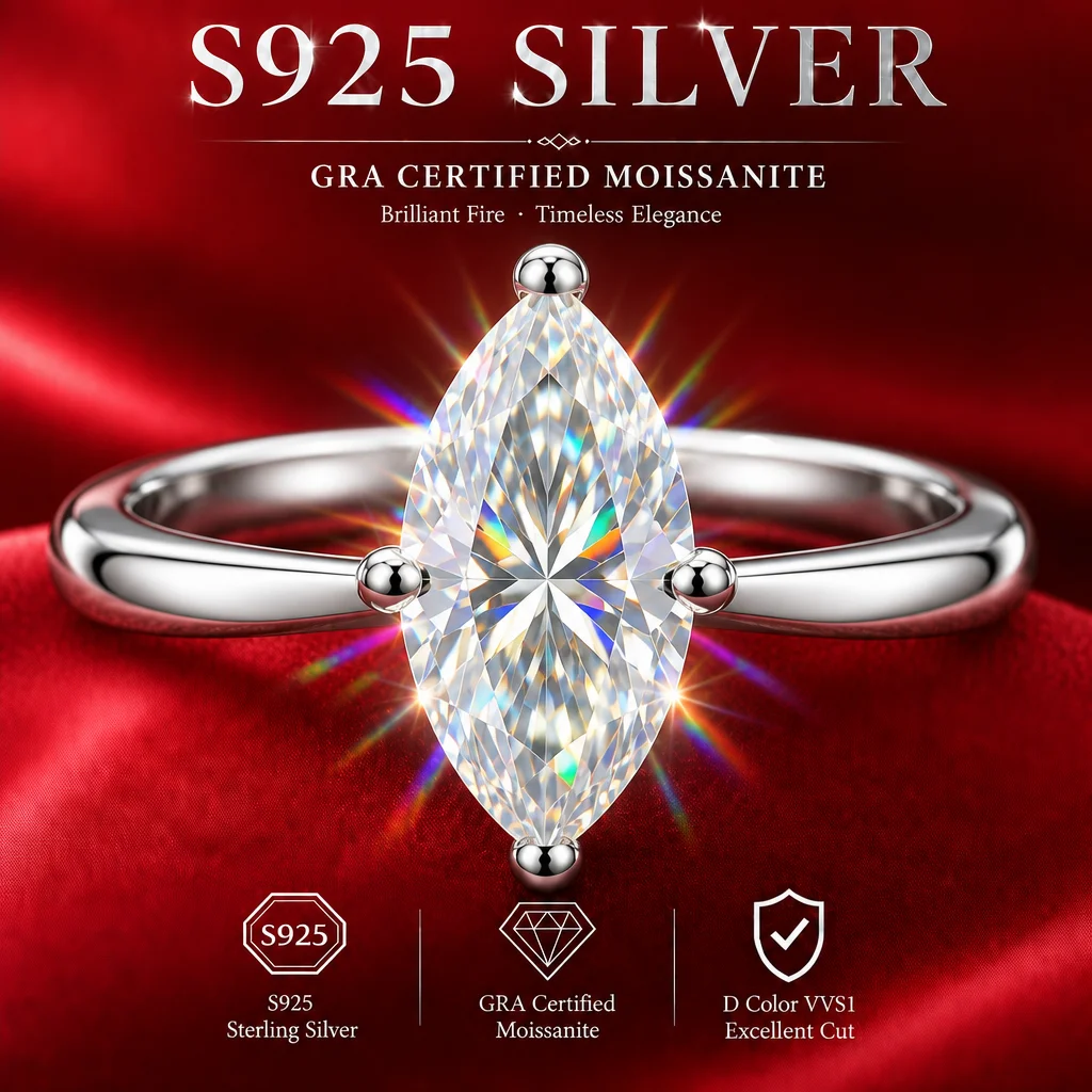 18k Vergoldete Moissanit-Ringe mit GRA-Zertifikat, Funkelndes Marquise-Design, S925 Sterling Silber für Damenringe – Detail 7