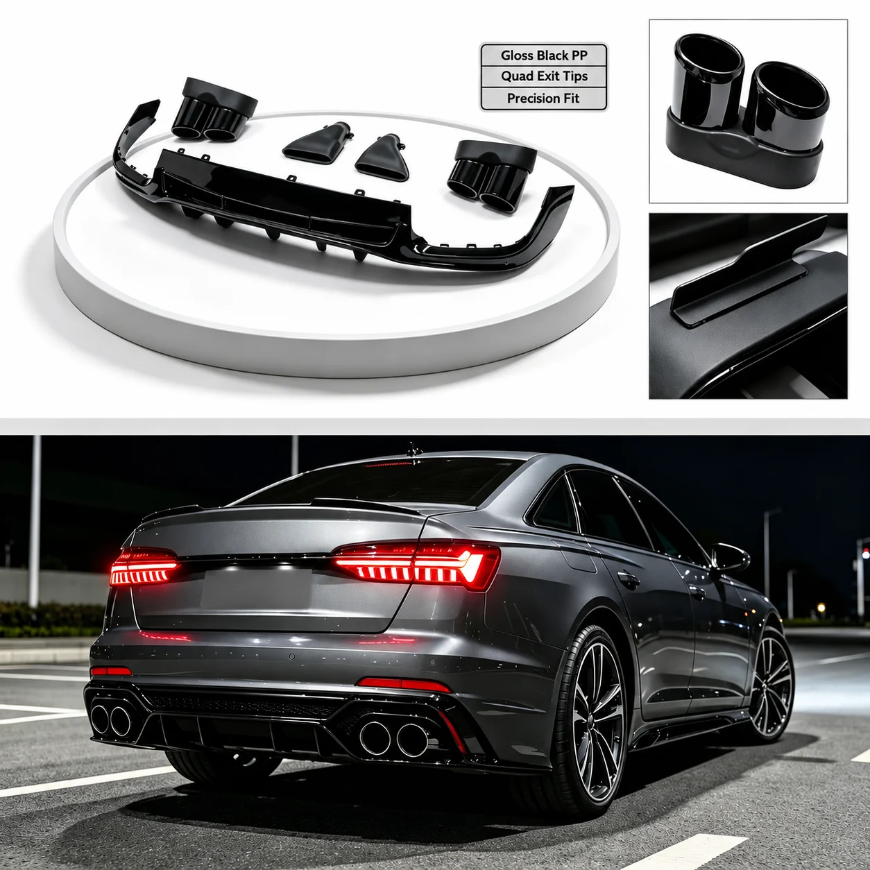 S6-Style Heckdiffusor mit vier Auspuffendrohren, Sport-Hecklippe, dekoratives Ersatzteil, passend für Audi A6 C8 Limousine Avant 40 50 TDI 2018-2024, für S-Line Stoßstange, glänzend schwarz