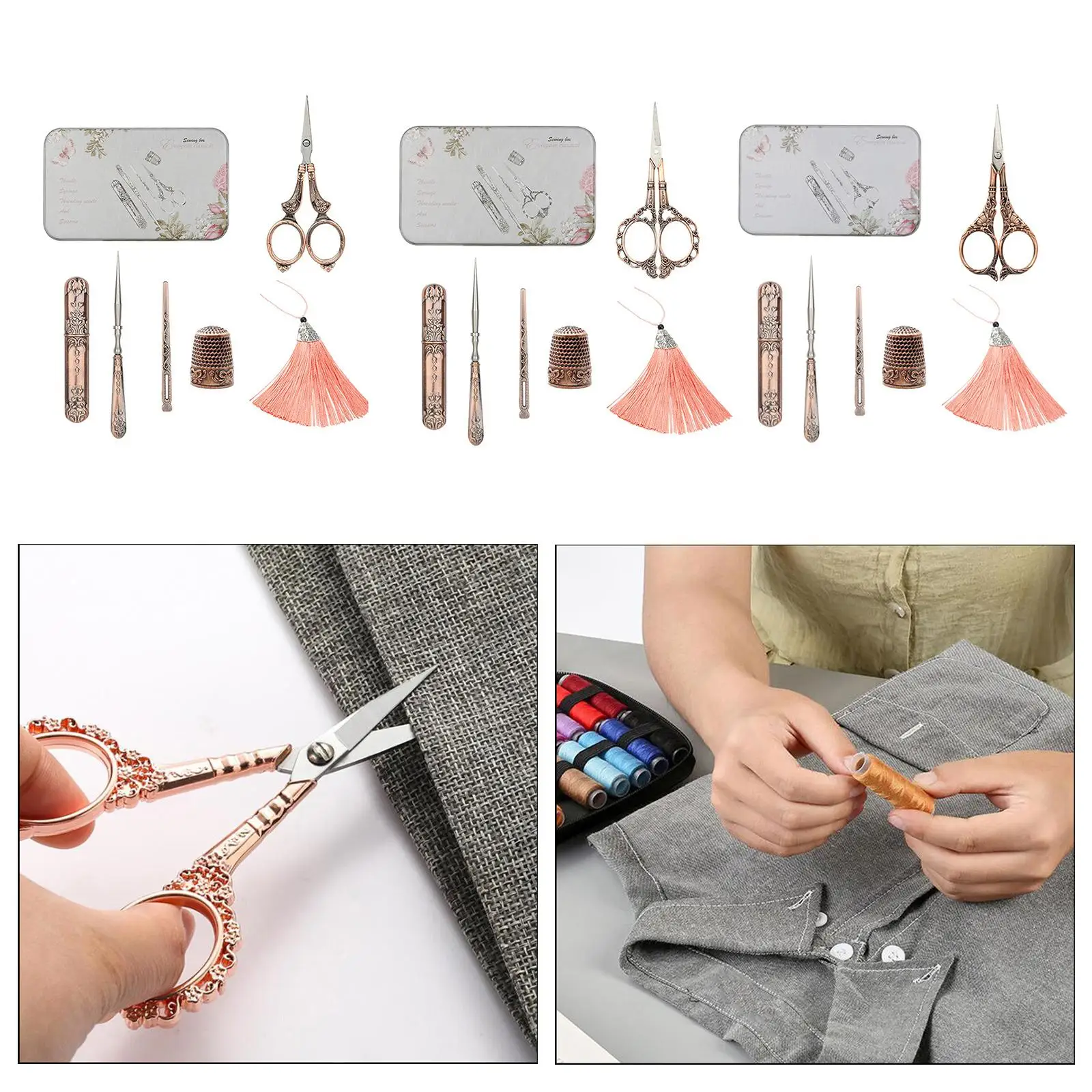 

5Pcs European Embroidery Scissors Kit Complete Sewing Tools Thimble Awl