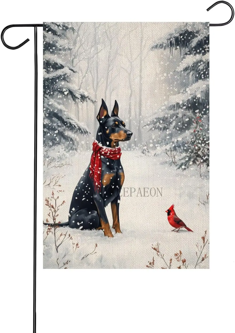 Winter Cardinal Bird and Doberman Garden Flag 12x18 Vertical Double Sided Farmhouse Trees Snow Christmas Holiday Outside Decorat