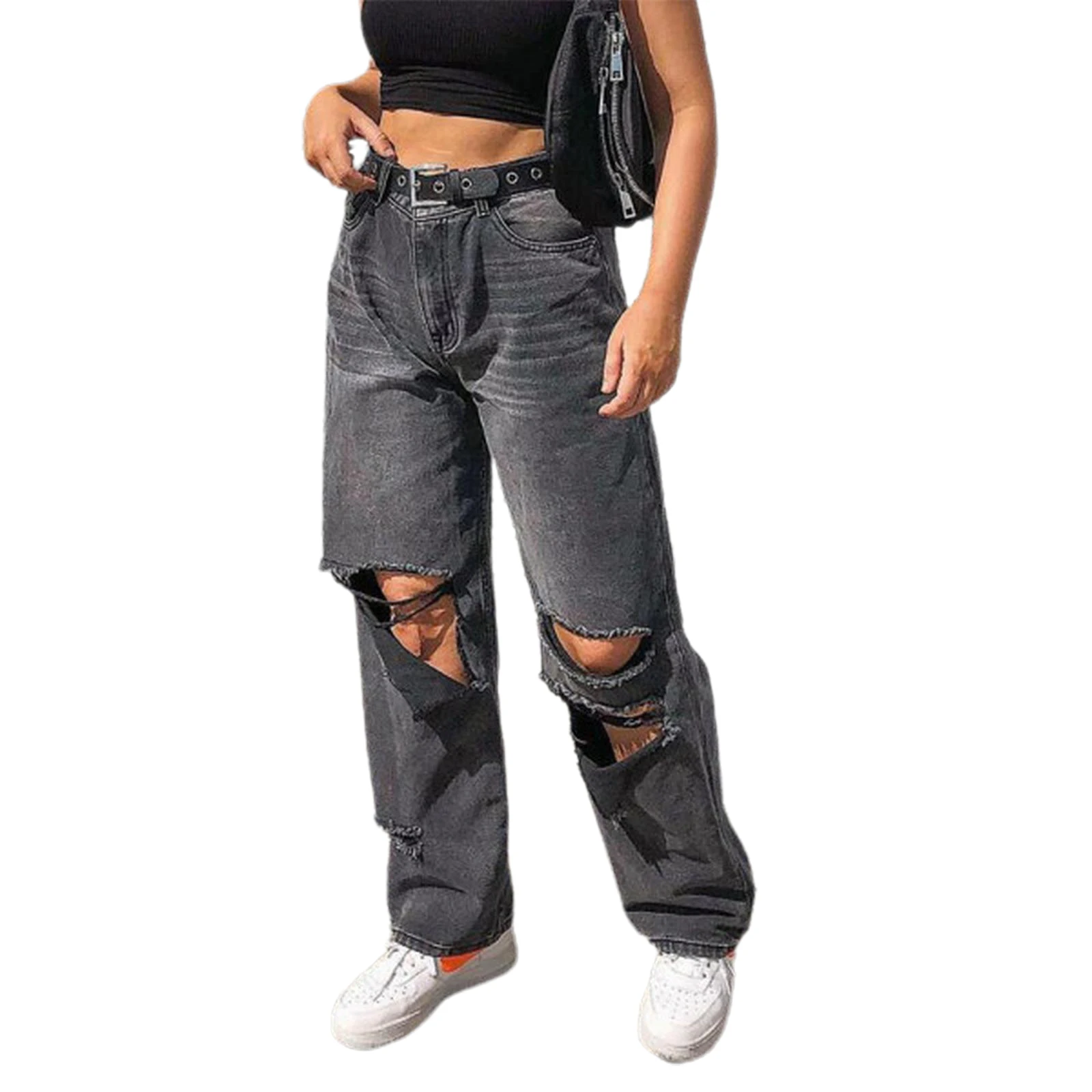 

Retro Women's High Waist Jeans Fashion Casual Ripped Straight Casual Denim Trousers Korean 2024 Solid Color Wide Leg Jeans New